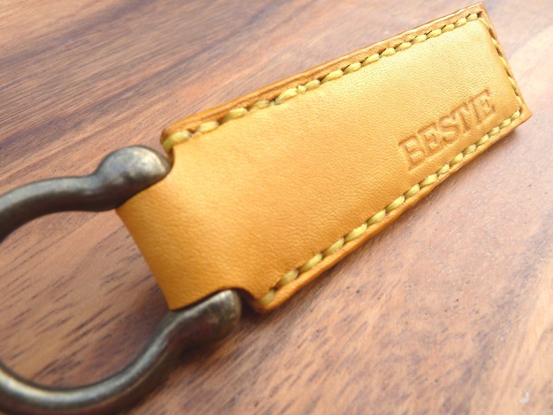 Hand-sewn long vegetable tanned cow leather key ring (free English name) - Keychains - Genuine Leather 