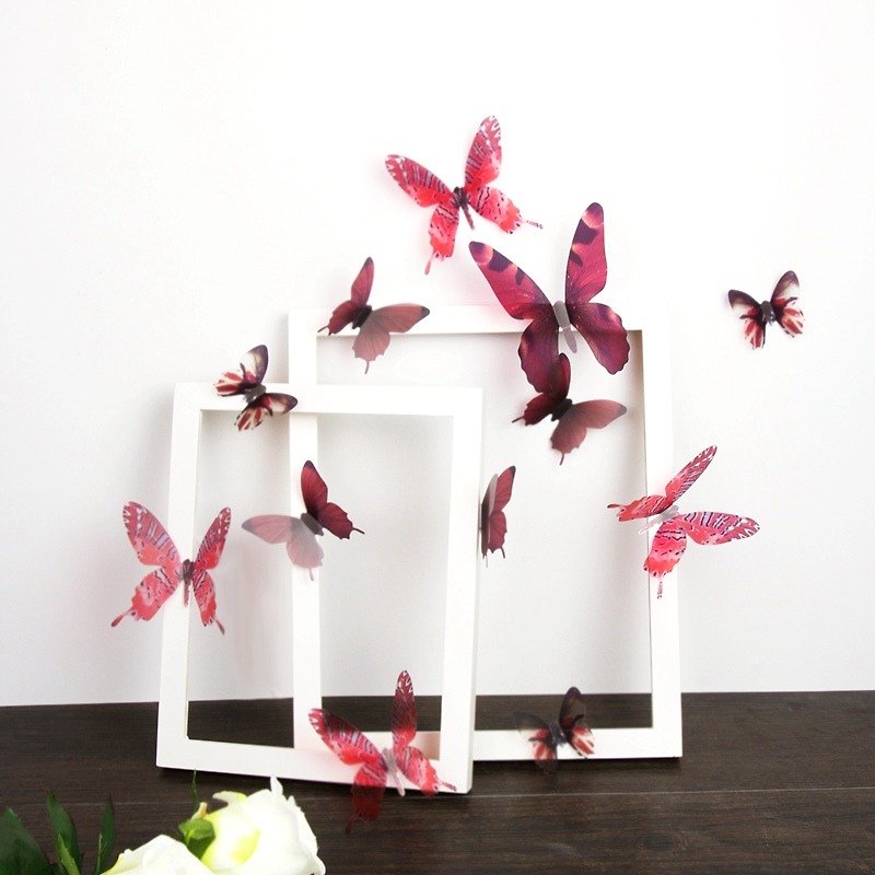 iINDOORS 3D夢幻蝴蝶 紅色 18入/組 立體壁飾 壁貼 婚禮小物 - 壁貼/牆壁裝飾 - 塑膠 紅色