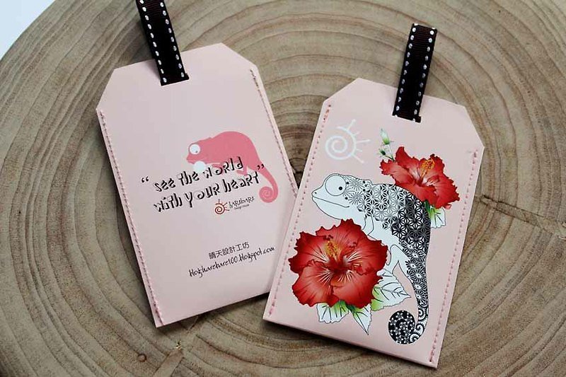 Stored value card set: Chameleon-Japanese style (Hibiscus/Ukiyo-e) - ที่ใส่บัตรคล้องคอ - กระดาษ สึชมพู