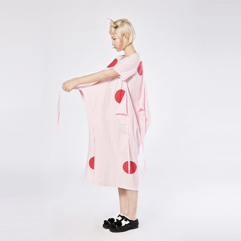 大紅點點粉色連身裙 中長裙 寬鬆衣裙 - imakokoni - 洋裝/連身裙 - 棉．麻 粉紅色