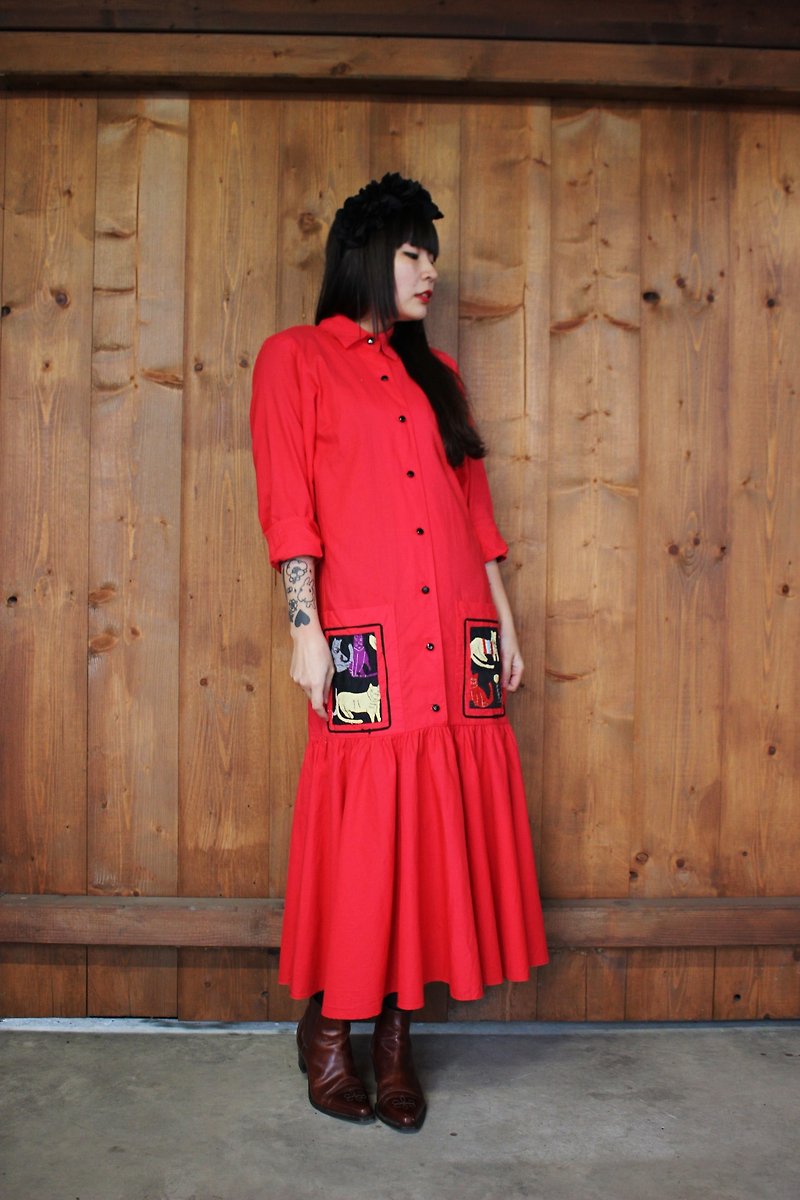 F809 (Vintage) red double pocket cat pattern cotton cloth embroidered vintage dress - ชุดเดรส - วัสดุอื่นๆ สีแดง