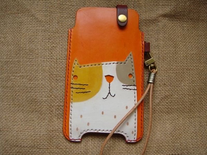 [ISSIS] Handmade cute cat phone leather case - เคส/ซองมือถือ - วัสดุอื่นๆ สีส้ม