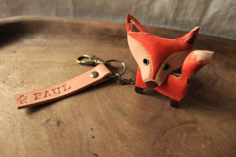 Cute fox pure leather key ring-engraved name - Keychains - Genuine Leather Yellow