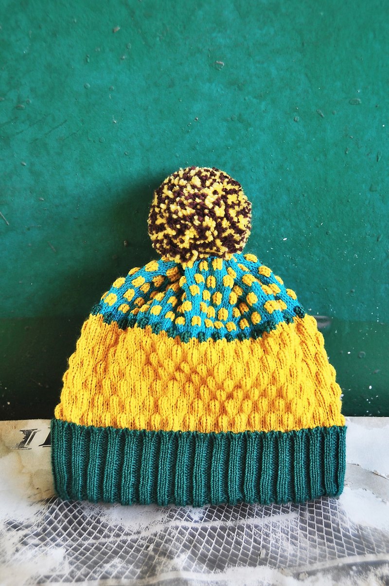 Jungle Detachable PomPom Beanie Hat - หมวก - ผ้าฝ้าย/ผ้าลินิน สีเหลือง