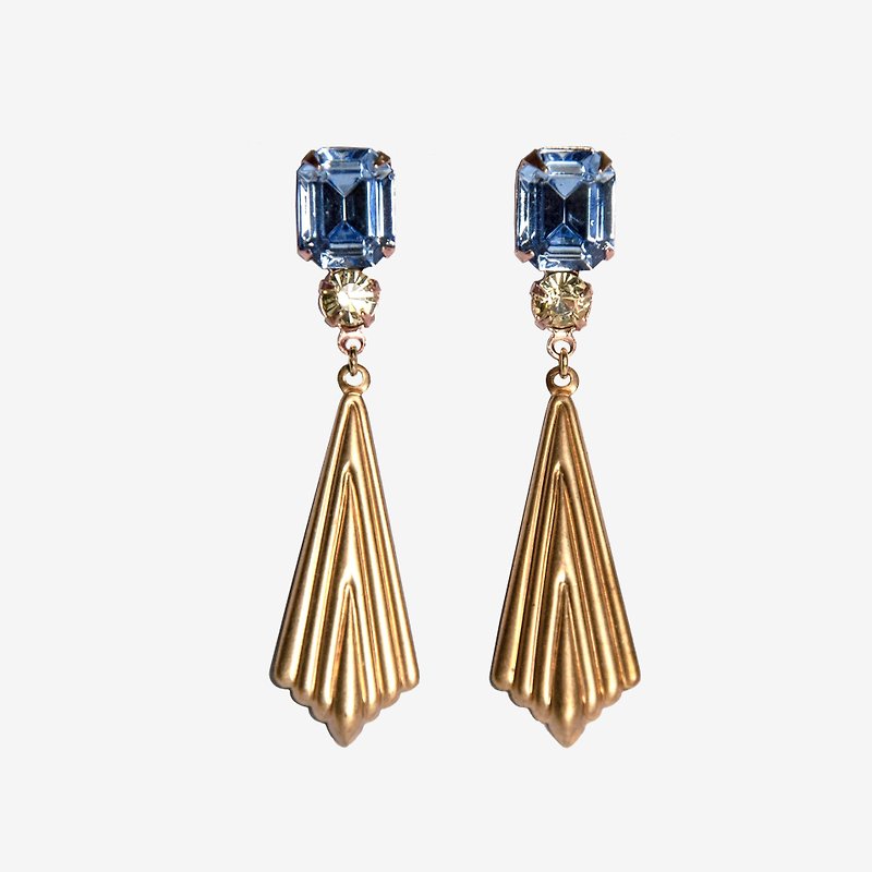 [Indigo] 淺藍寶石 Art Deco 耳環 - 耳環/耳夾 - 其他金屬 藍色