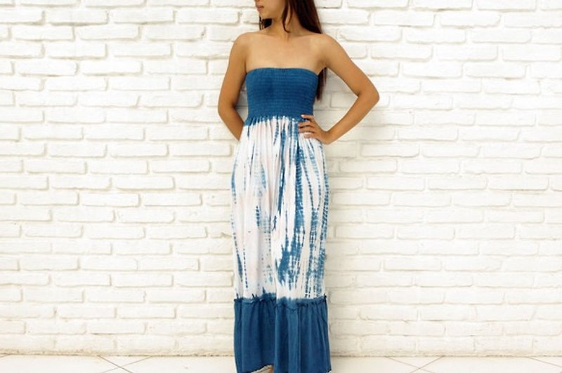 タイダイフリルマキシワンピース＜ネイビーピンク＞ - 洋裝/連身裙 - 其他材質 藍色