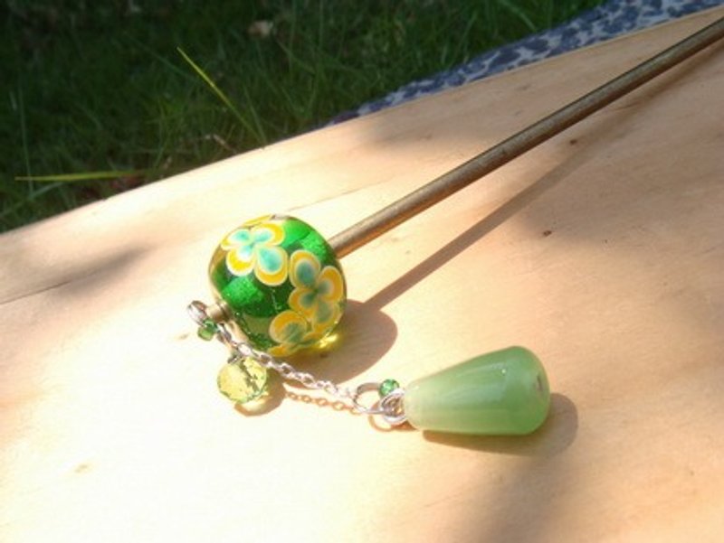 柚子林琉璃 - 髮簪 - 花的願望 - 綠色精靈 - 髮夾/髮飾 - 玻璃 綠色