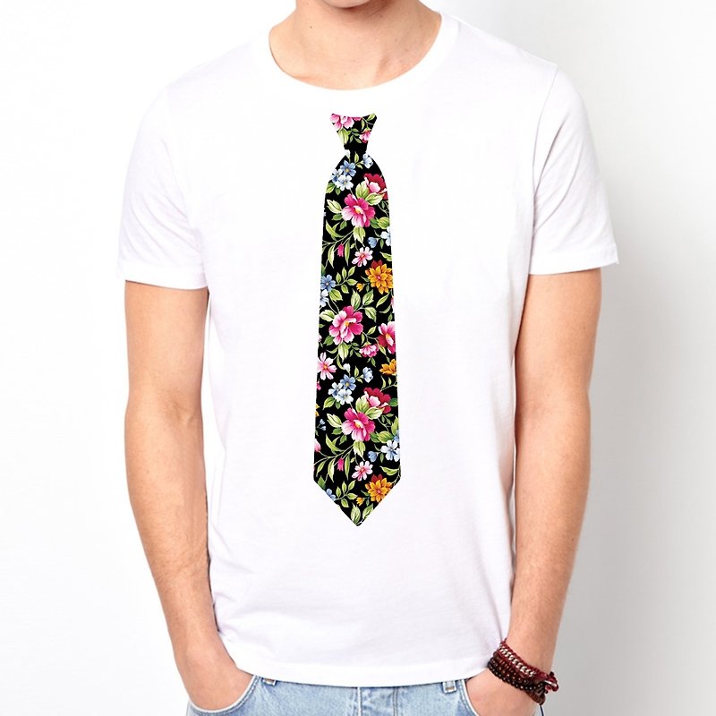 Printed Tie-Flower Short Sleeve T-Shirt-White Flower Pattern Fake Tie Universe Design Homemade Brand Trendy Round Triangle - เสื้อยืดผู้ชาย - วัสดุอื่นๆ ขาว