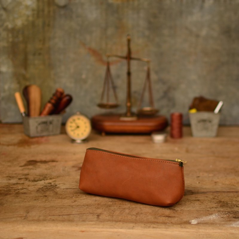 Skarn // Hand tanning cattle embryos was _ brass zipper leather pencil embryo coffee (out of print) - Pencil Cases - Genuine Leather Brown