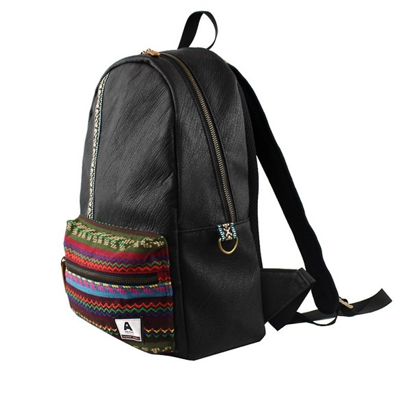 AMINAH-totem knitting mix and match ethnic style backpack-black [am-0241] - กระเป๋าเป้สะพายหลัง - หนังเทียม สีดำ