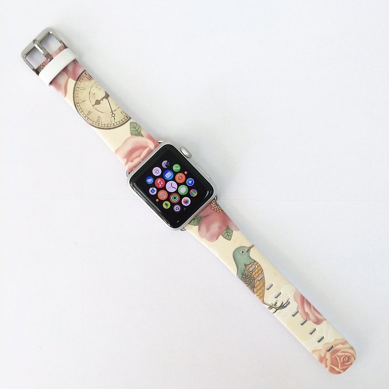 Apple Watch Series 1 - 5 用のレザー時計バンドにヴィンテージ花柄の鳥がプリントされています。 - その他 - 革 