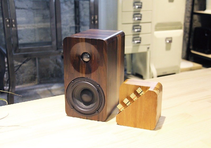 MINFORT | repop Bluetooth amplifier + min16 passive speakers one pair (rosewood / teak) (damage goods clearing) - ลำโพง - ไม้ สีนำ้ตาล
