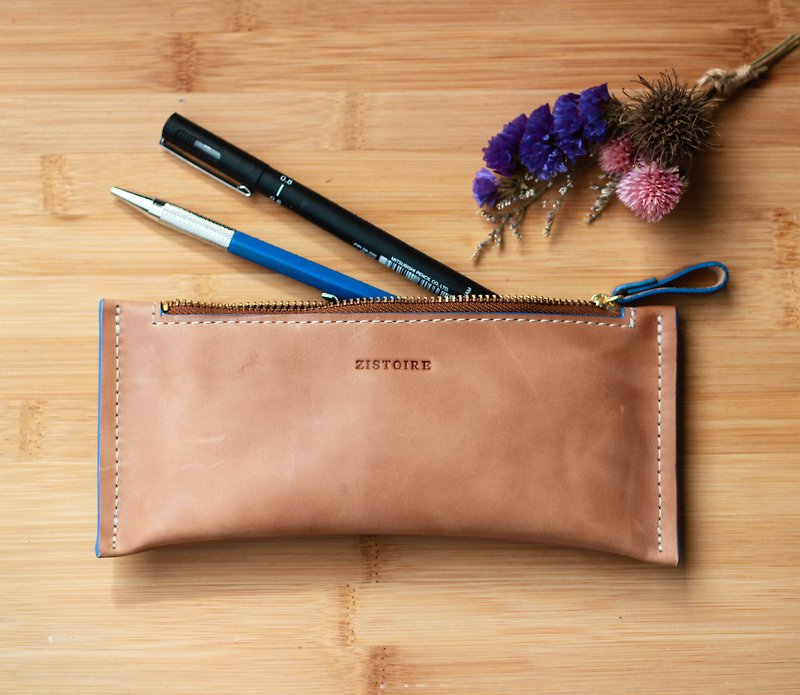 [Zipper pencil / long zipper bags of small objects] ZiBAG-022 / tea colors (blue oil side) - Pencil Cases - Genuine Leather 