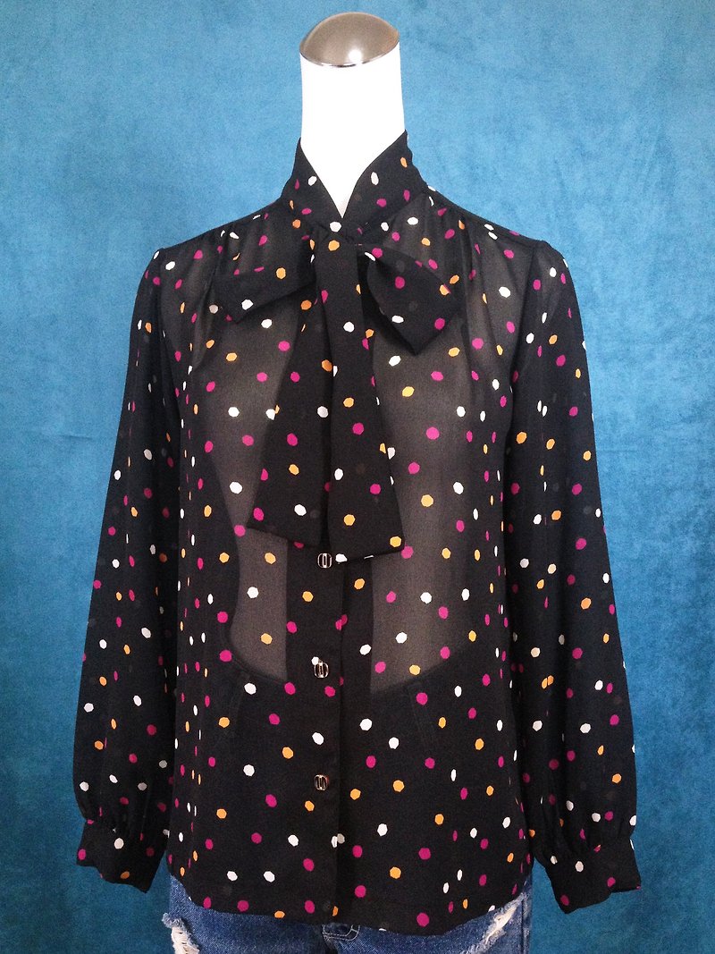 Ping-pong vintage [vintage shirt / tie Nippon dot vintage chiffon shirt] back high-quality selection of foreign VINTAGE - เสื้อเชิ้ตผู้หญิง - วัสดุอื่นๆ สีดำ