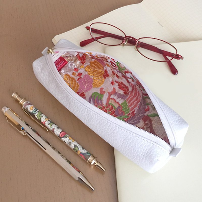 Leather pen case with Japanese Traditional pattern, Kimono "Brocade" - กล่องดินสอ/ถุงดินสอ - หนังแท้ ขาว