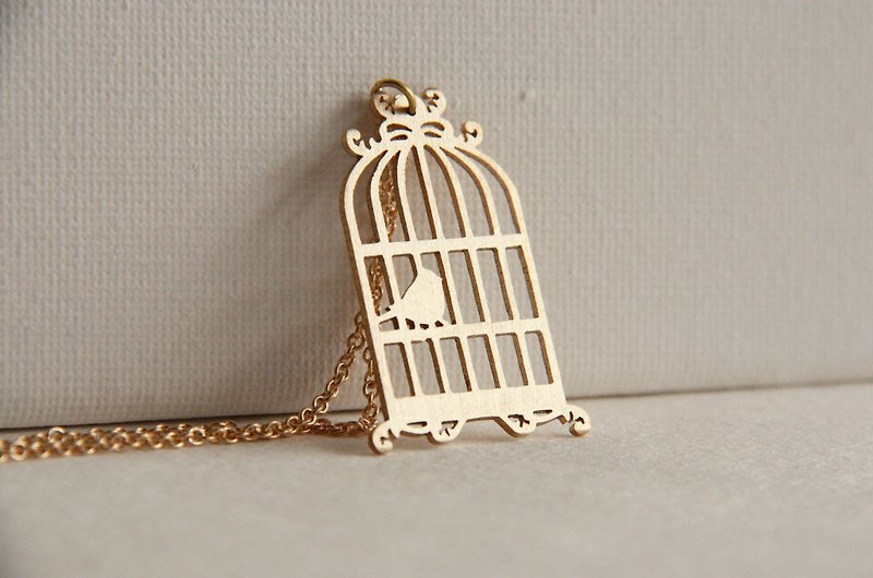Golden Bird and Birdcage Pendant Jewelry / Hand Craft Necklace / Vintage Style Brass - Necklaces - Other Metals Gold
