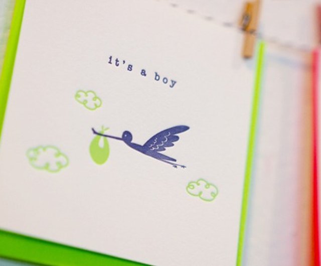 ONLINE EXCLUSIVE】Delivery Stork - Letterpress Baby Boy Announcement Mini  Card - Shop ditto ditto Cards & Postcards - Pinkoi