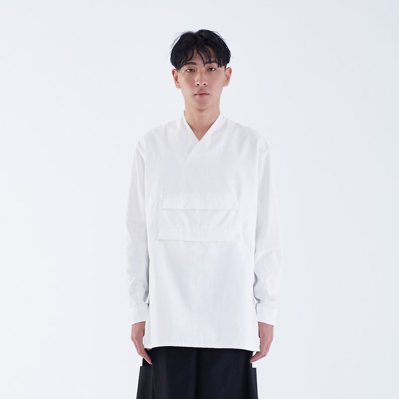 TRAN - Y領雙袋蓋長衫 - 男襯衫/休閒襯衫 - 其他材質 白色