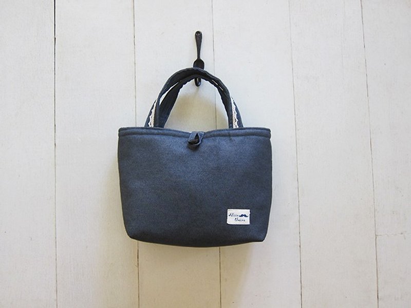 Lace series - Danny cloth denim small tote bag (wooden buckle opening) - gray + light gray - Handbags & Totes - Other Materials Gray