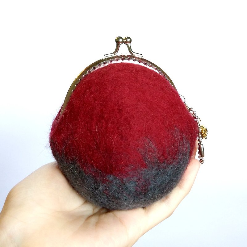 Wool Wool felt purse mouth gold package Felting Wallet - calm calm / gray x temperament burgundy - Coin Purses - Wool Red