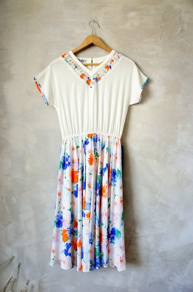 亮藍與橘印花涼感洋裝 Bea:Mon 古著 - One Piece Dresses - Other Materials Multicolor