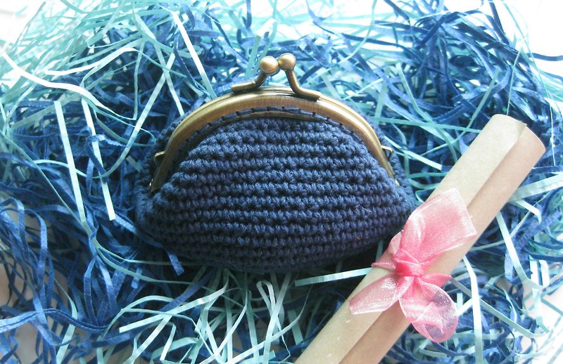 Minibobi手織-青銅巧巧口金包/零錢包-海藍色 - 零錢包/小錢包 - 棉．麻 藍色