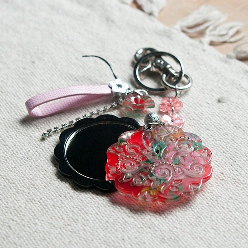牡丹華舞,補妝鏡,鑰匙圈,吊飾兩用-紅 - 鑰匙圈/鑰匙包 - 壓克力 紅色