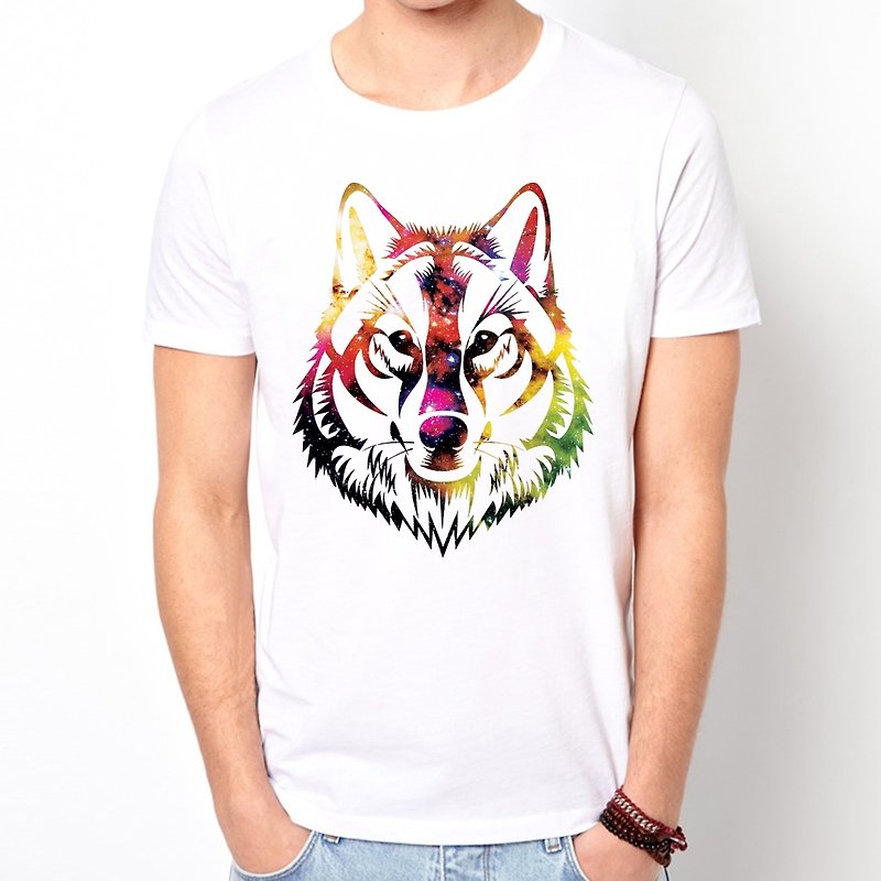 COSMIC WOLF短袖T恤-白色 狼 宇宙 設計 自創 品牌 銀河系 時髦 圓 三角形 - 男 T 恤 - 其他材質 白色