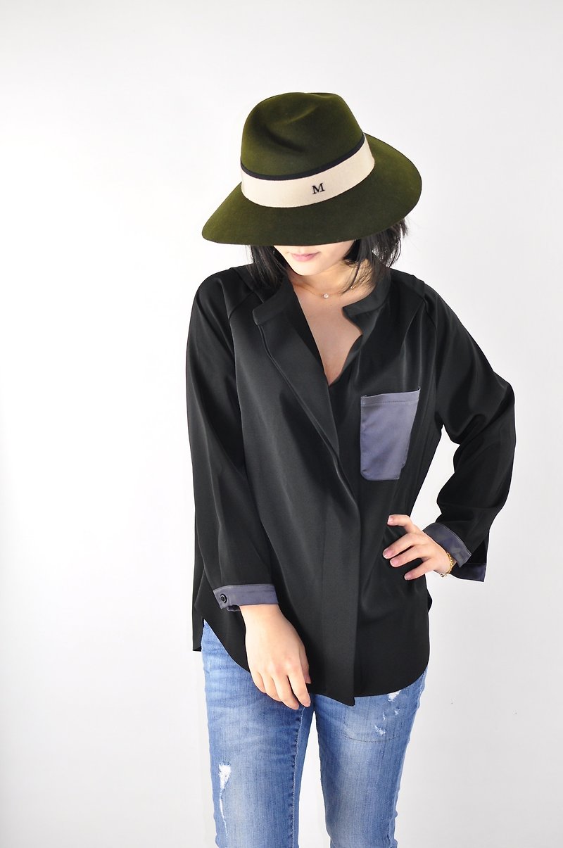 Flat 135 X series Taiwanese designers nine points sleeve black shirt pocket cuff stitching loose shirt-style jacket will not fall through the thickness of the section temperament paragraph exchange gifts Christmas Christmas Christmas party New Year's V - Women's Shirts - Other Materials Black