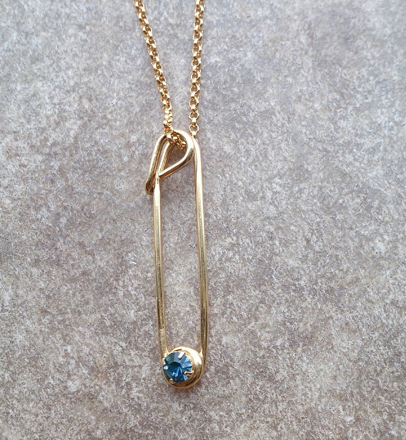 古董寶石安全別針項鍊 (藍) - ネックレス - 宝石 ゴールド