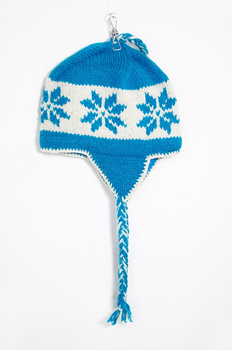 新年禮物 手工編織純羊毛帽 / 手工毛帽 / 針織毛帽 /飛行毛帽 / 毛線帽  - 天空藍色雪花圖騰 ( 手工限量一件 ) - 帽子 - 其他材質 藍色
