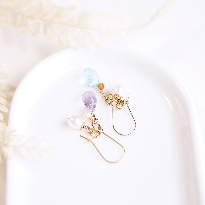 3 way replaceable French amethyst earrings Stone jewelry Lucky Peach light - Earrings & Clip-ons - Gemstone Multicolor