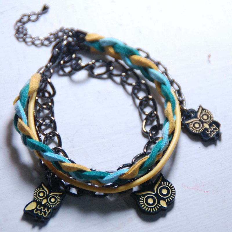 Big eyes owl / yellow, blue, green braided rope bracelet with multi-level - สร้อยข้อมือ - อะคริลิค สีเหลือง