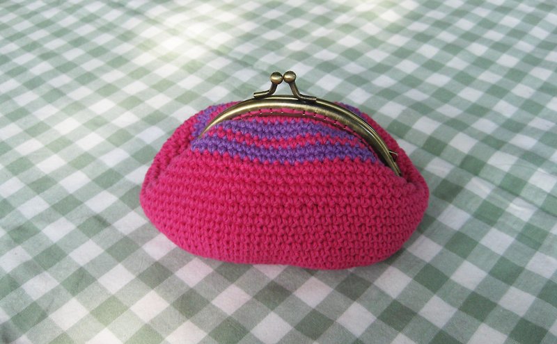Minibobi手織-青銅口金包/零錢包/萬用包-火龍果的紅+葡萄紫條文 - 零錢包/小錢包 - 棉．麻 紅色