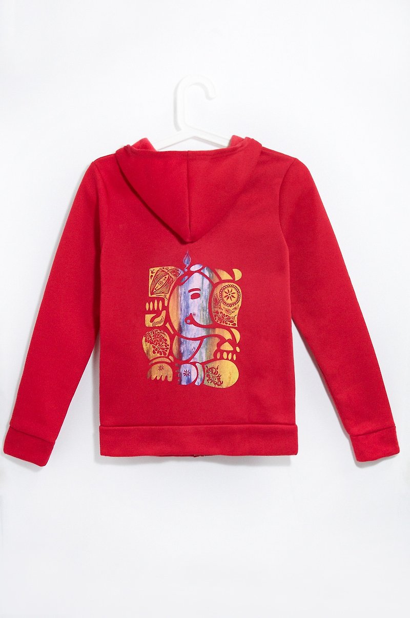 Within the bristles Hooded Jacket feel - Indian elephant / elephant god Ganish (red light) - Women's Casual & Functional Jackets - Cotton & Hemp Red