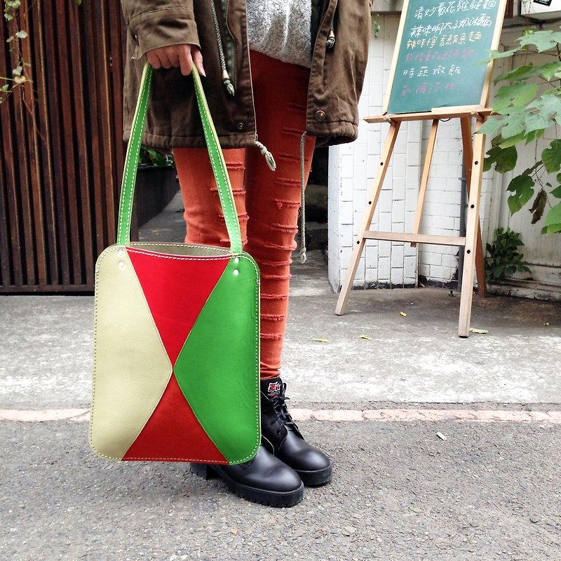 Hand-made leather ─ leather side backpack (four color matching). Mushroom poet + hand made = The Mushroom Hand. (Handbag, side backpack, shoulder bag, handbag, document bag) - Messenger Bags & Sling Bags - Genuine Leather Multicolor