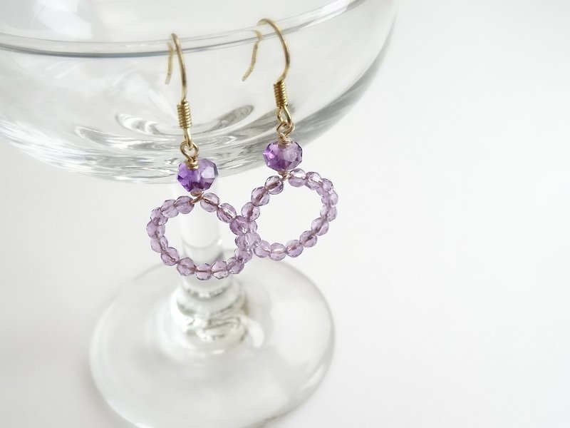 Amethyst Faceted Beads Diamond Ring Brass Dangle Earrings | Lighter Purple - ต่างหู - เครื่องประดับพลอย สีม่วง
