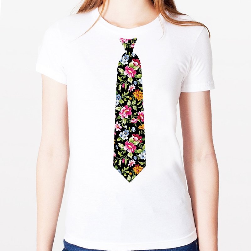 Printed Tie-Flower Girls Short Sleeve T-Shirt-White Flower Pattern Fake Tie Universe Design Homemade Brand Trendy Round Triangle - Women's T-Shirts - Other Materials White