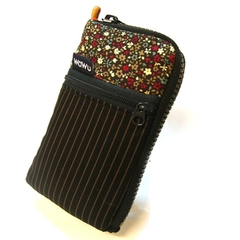 Mobile phone pocket (black stripe)/ Cell phone case cover / mobile phone bag / pouch pocket / purse wallet with strap - Phone Cases - Cotton & Hemp Black