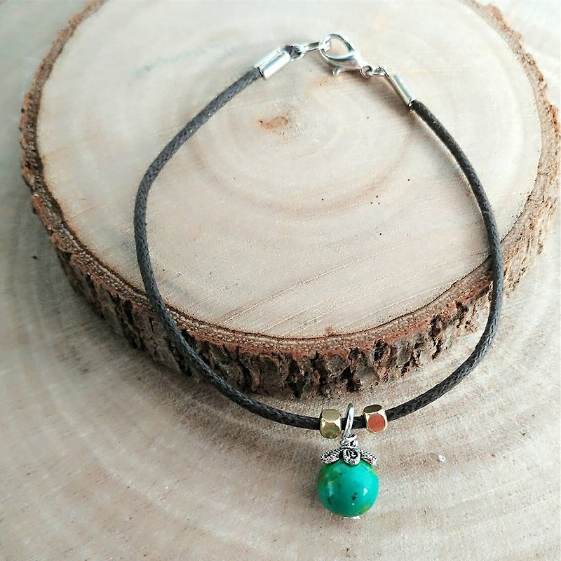 "Semi-precious stones - small clear series" Turkish stone (turquoise) brass wax rope bracelet - Bracelets - Gemstone Green