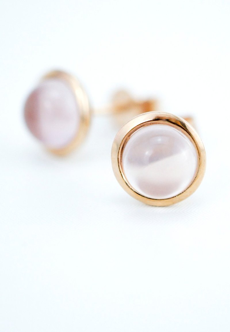 Dot Dot- 6mm Round Cabochon Rose Quartz 18K Rose Gold Plated Silver Stud Earrings - Earrings & Clip-ons - Gemstone Pink