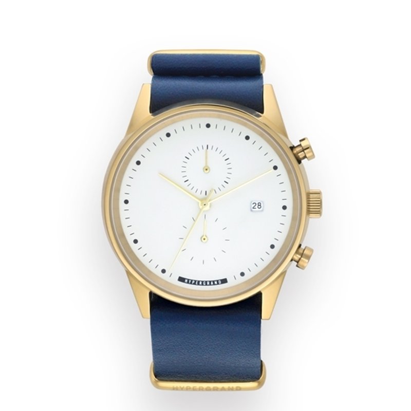 HYPERGRAND - MAVERICK CHRONO NAUTICAL BLUE LEATHER / cold steel eyes Chrono - nautical blue leather watch (polished gold) - นาฬิกาผู้หญิง - หนังแท้ สีน้ำเงิน