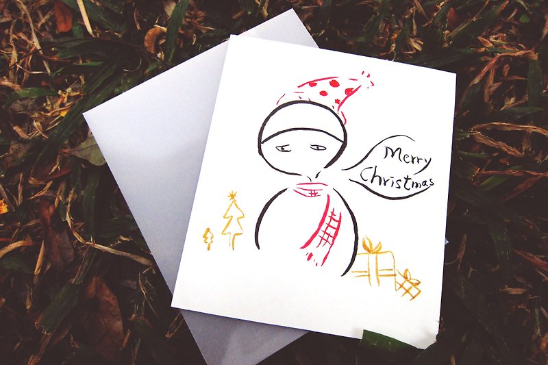 2014 クリスマス、巨頭症の少女雪だるま - カード・はがき - 紙 レッド