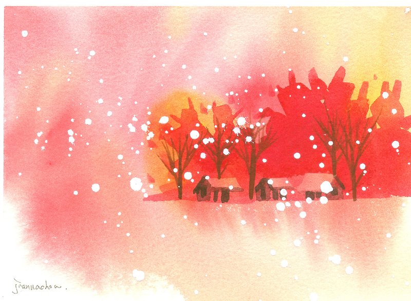 Sakura Red Forest Series r2-Watercolor hand-painted limited edition postcard/Christmas card - การ์ด/โปสการ์ด - วัสดุอื่นๆ สีแดง