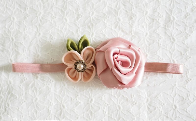 Handmade ribbon rose baby/kid headband - Bibs - Other Materials Pink