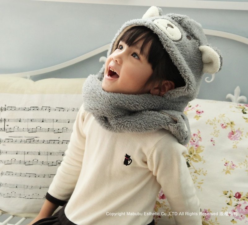 [Gift box packaging] Cute animal children's hat bear warm plush hat gift box packaging - หมวกเด็ก - ผ้าฝ้าย/ผ้าลินิน สีเทา