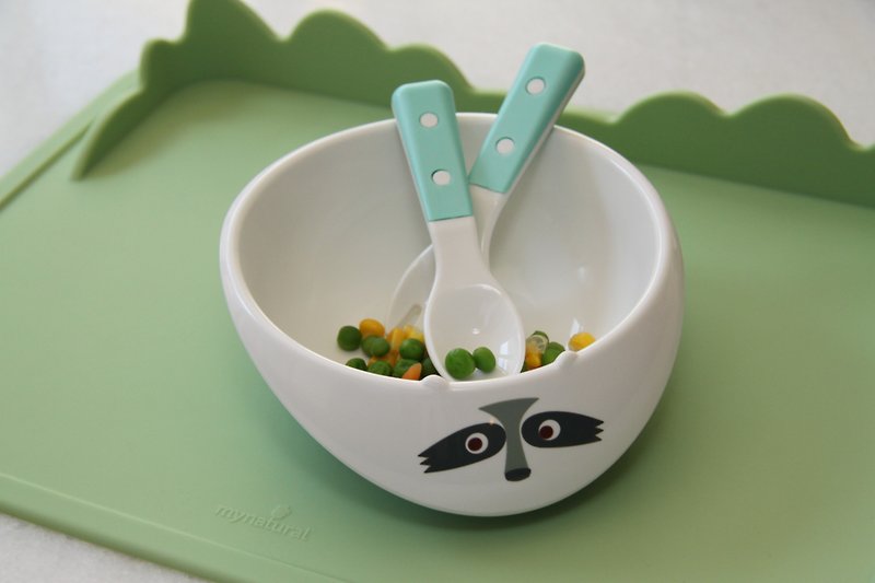 US MyNatural toxic children's tableware - ice blue raccoon gift set fork spoon Bowl - จานเด็ก - พลาสติก สีน้ำเงิน