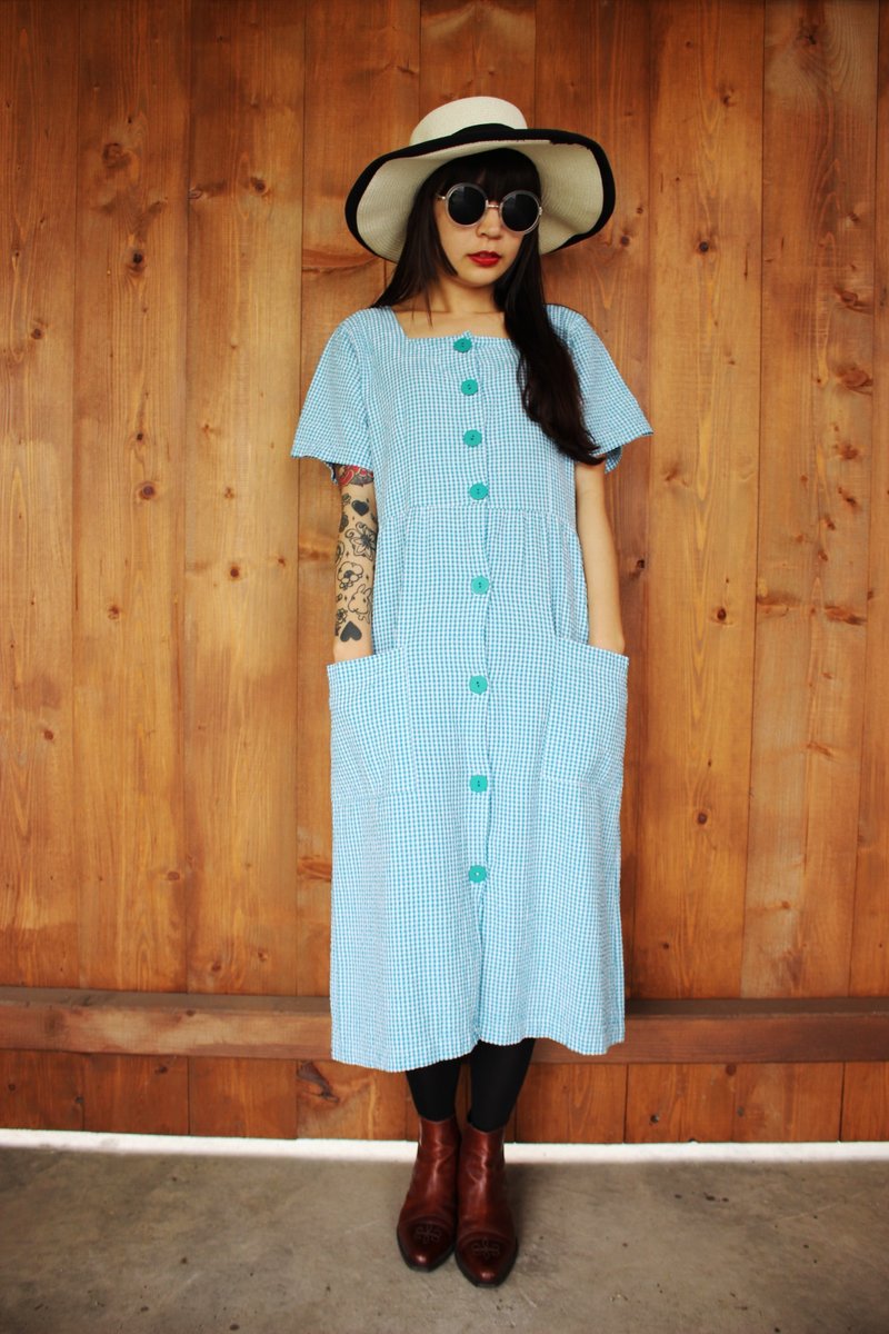 F967 (Vintage) lake green vintage double pocket Plaid short sleeve dress - ชุดเดรส - วัสดุอื่นๆ สีเขียว