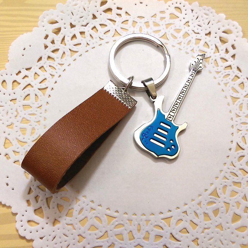 [Stainless steel blue electric guitar leather key ring] Musical instrument orchestra note leather hand-made customized custom-made "Mi Si Xiong" graduation gift - Keychains - Genuine Leather Blue