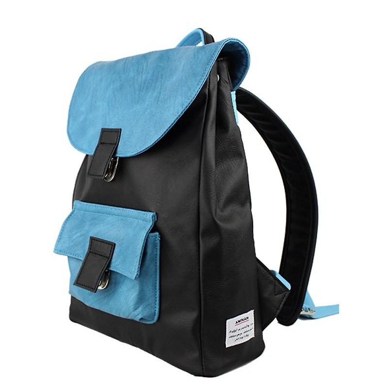 AMINAH-Lake Water Blue Lightweight Backpack【am-0277】 - กระเป๋าเป้สะพายหลัง - หนังเทียม สีน้ำเงิน